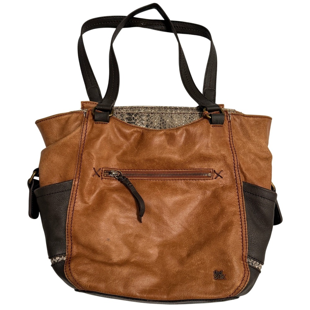 The Sak Womens Leather Colorblock Shoulder Bag Large Brown Snakeskin Boho Tote